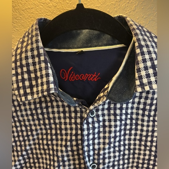 Visconti Textured Navy Gingham Casual Button Down Shirt/ Size small/ 100%cotton - Picture 2 of 7